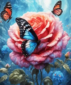 Blue Butterfly And Flowers 5D Diamond Painting