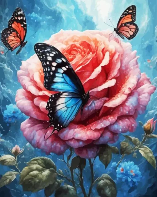 Blue Butterfly And Flowers 5D Diamond Painting