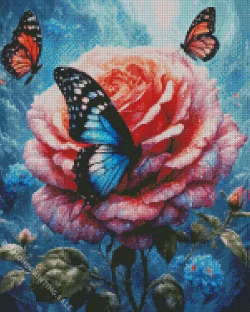 Blue Butterfly And Flowers 5D Diamond Painting