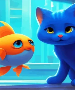 Cartoon Blue Cat And Goldfish 5D Diamond Painting