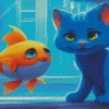 Cartoon Blue Cat And Goldfish 5D Diamond Painting