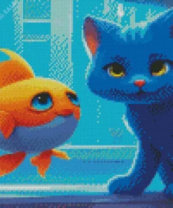 Cartoon Blue Cat And Goldfish 5D Diamond Painting