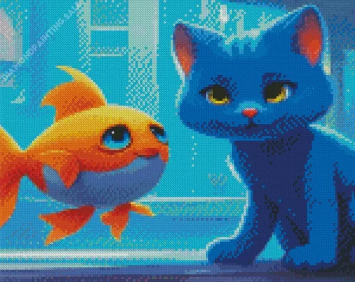 Cartoon Blue Cat And Goldfish 5D Diamond Painting