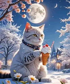 Cat Eating Ice Cream In The Snow 5D Diamond Painting