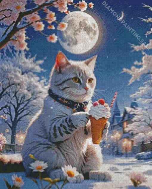 Cat Eating Ice Cream In The Snow 5D Diamond Painting