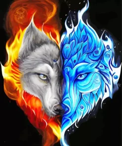 Half Blue And Red Fire Wolf 5D Diamond Painting