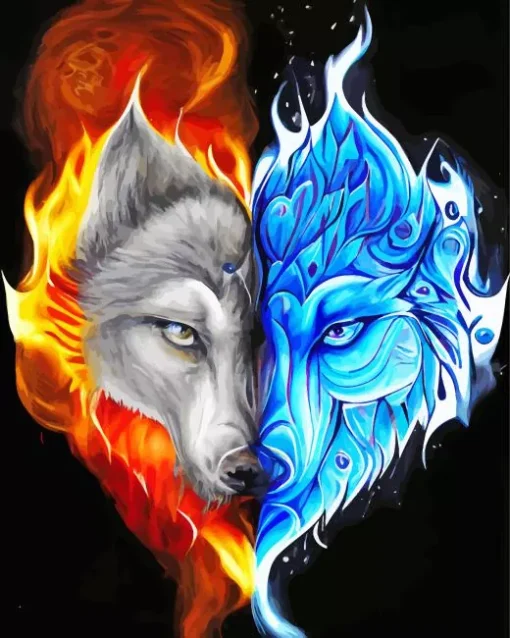 Half Blue And Red Fire Wolf 5D Diamond Painting