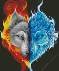 Half Blue And Red Fire Wolf 5D Diamond Painting