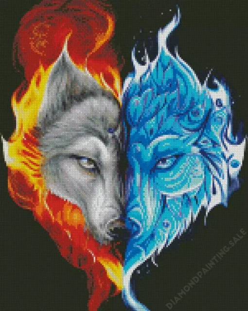 Half Blue And Red Fire Wolf 5D Diamond Painting